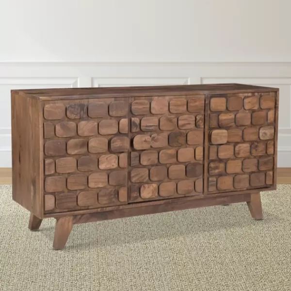 Cabinets & Sideboards-Kirkland's Home Brown Carved Wood Woven 3-Door Sideboard