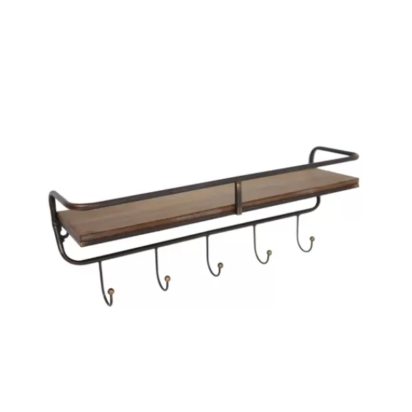 Hooks-Kirkland's Home Brown Metal Frame Wood Wall Shelf With Hooks