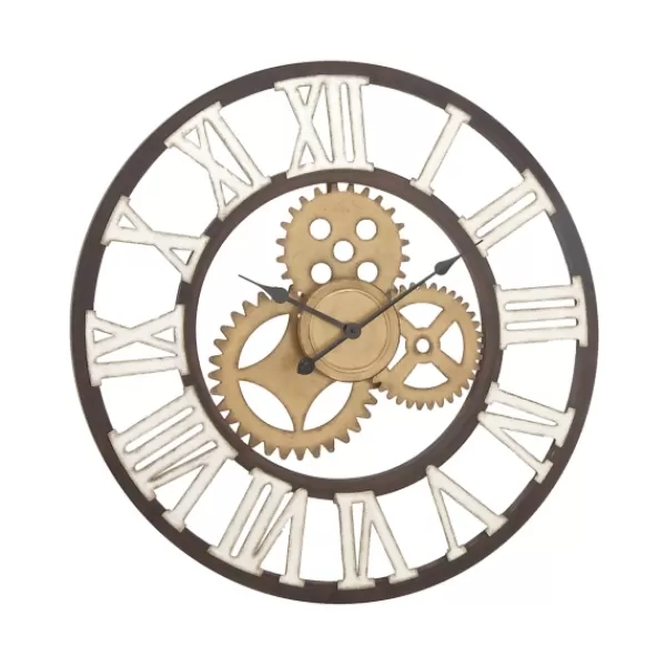 Clocks-Kirkland's Home Brown Metal Open Face Gold Gears Wall Clock