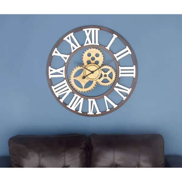 Clocks-Kirkland's Home Brown Metal Open Face Gold Gears Wall Clock