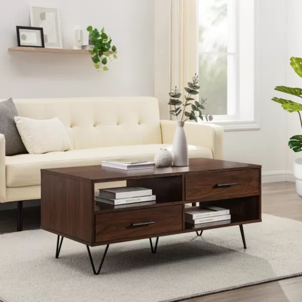 Coffee Tables-Kirkland's Home Brown Wood & Black Metal Hairpin Legs Coffee Table