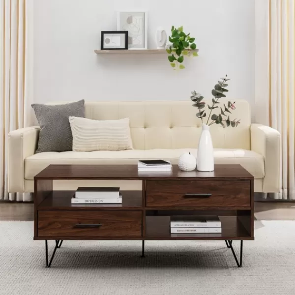 Coffee Tables-Kirkland's Home Brown Wood & Black Metal Hairpin Legs Coffee Table