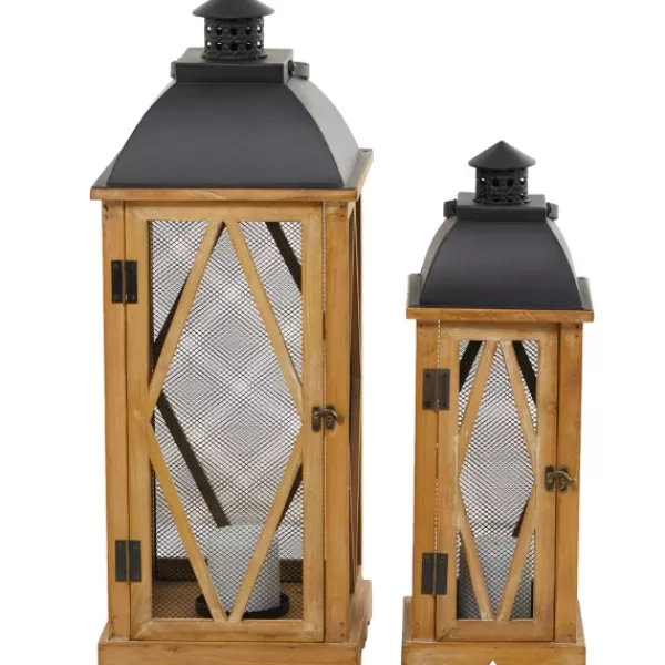 Lanterns-Kirkland's Home Brown Wood And Black Mesh Lanterns, Set Of 2 Brown/Black