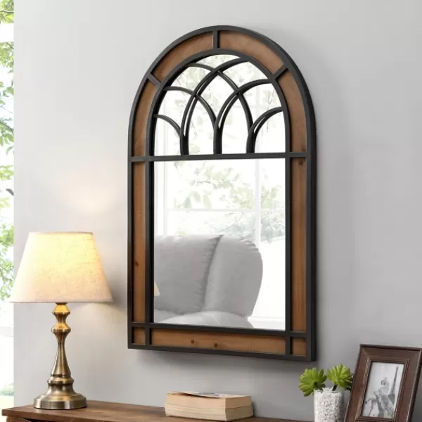 Decorative Mirrors-Kirkland's Home Brown Wood And Black Metal Arch Frame Mirror