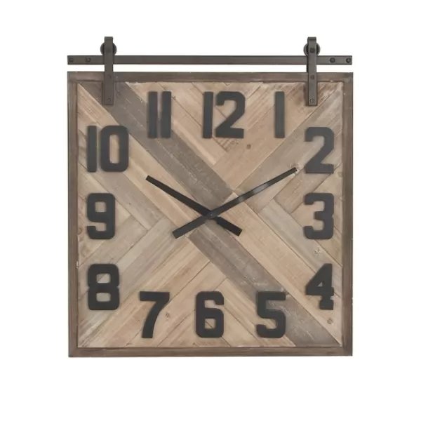 Clocks-Kirkland's Home Brown Wood Black Metal Accent Square Wall Clock