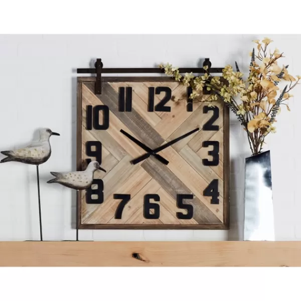 Clocks-Kirkland's Home Brown Wood Black Metal Accent Square Wall Clock