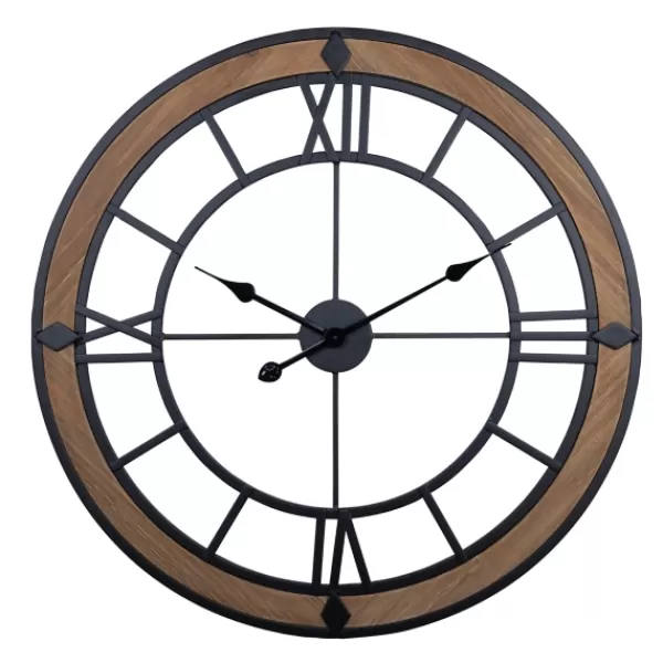 Clocks-Kirkland's Home Brown Wood Black Metal Open Cut Out Wall Clock