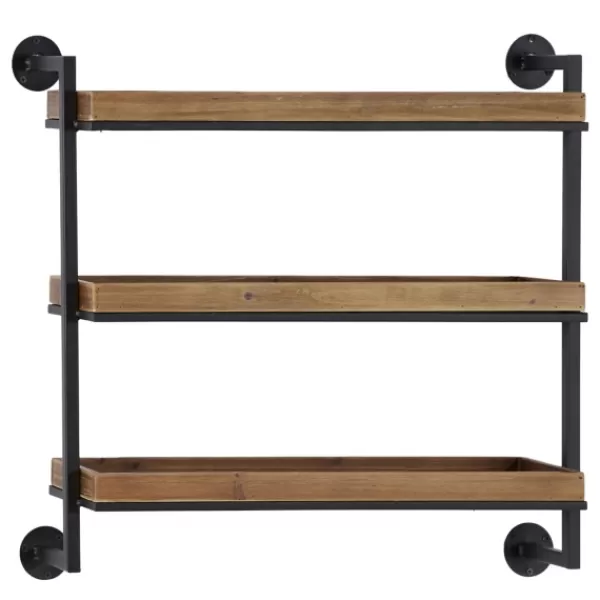 Shelves-Kirkland's Home Brown Wood Black Metal Pipe Frame Wall Shelf