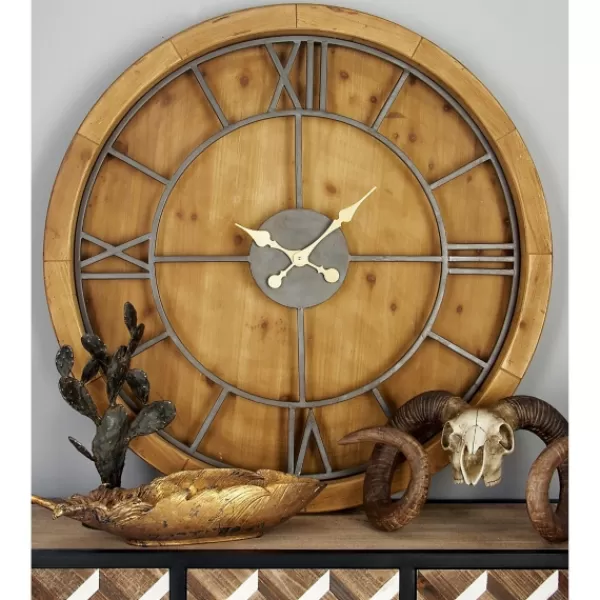 Clocks-Kirkland's Home Brown Wood Frame Black Metal Cutout Wall Clock