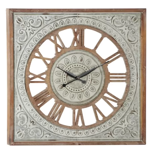 Clocks-Kirkland's Home Brown Wood Gray Metal Cutout Wall Clock