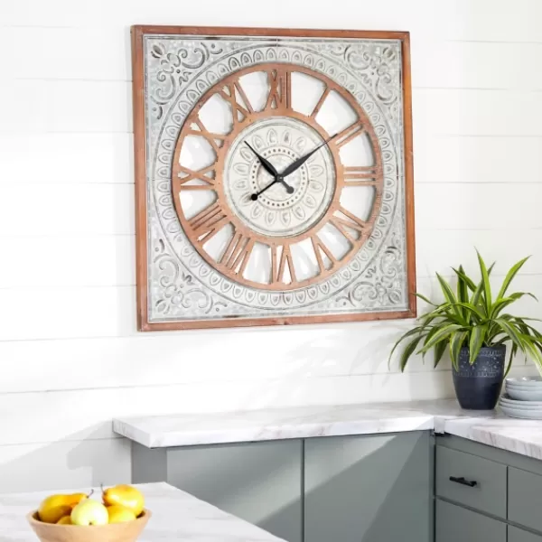 Clocks-Kirkland's Home Brown Wood Gray Metal Cutout Wall Clock