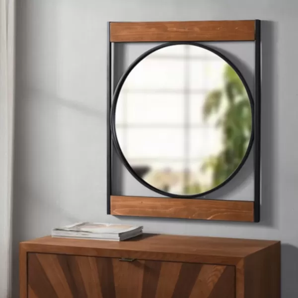 Framed Mirrors-Kirkland's Home Brown Wooden Slats Round Frame Mirror