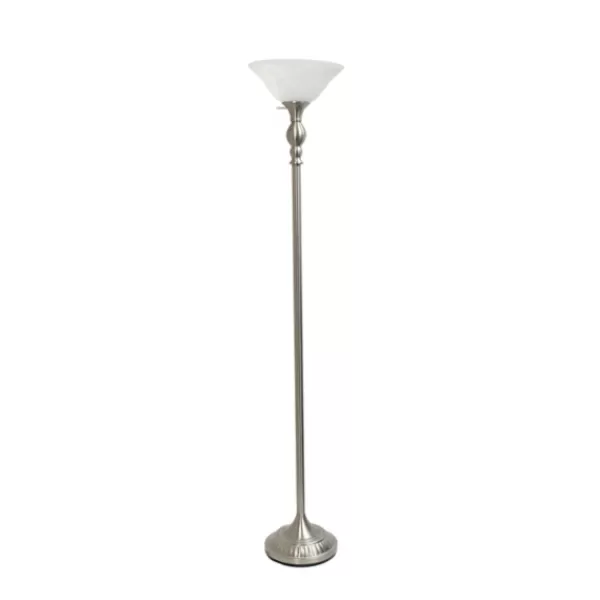 Floor Lamps-Kirkland's Home Brushed Nickel And Marbleized Glass Torchiere Silver