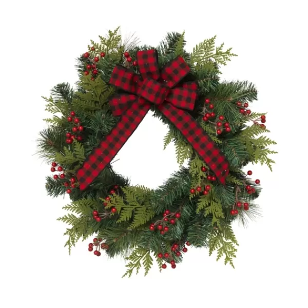 Wreaths-Kirkland's Home Buffalo Check And Berries Christmas Wreath Green/Red