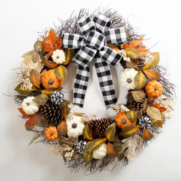 Wreaths-Kirkland's Home Buffalo Check And Orange Pumpkin Wreath Orange/Green/Ivory