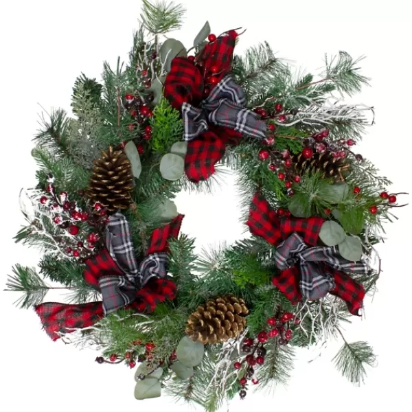 Wreaths-Kirkland's Home Buffalo Check Plaid Ribbon Holiday Wreath Green/Red/Black