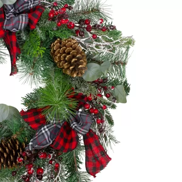 Wreaths-Kirkland's Home Buffalo Check Plaid Ribbon Holiday Wreath Green/Red/Black