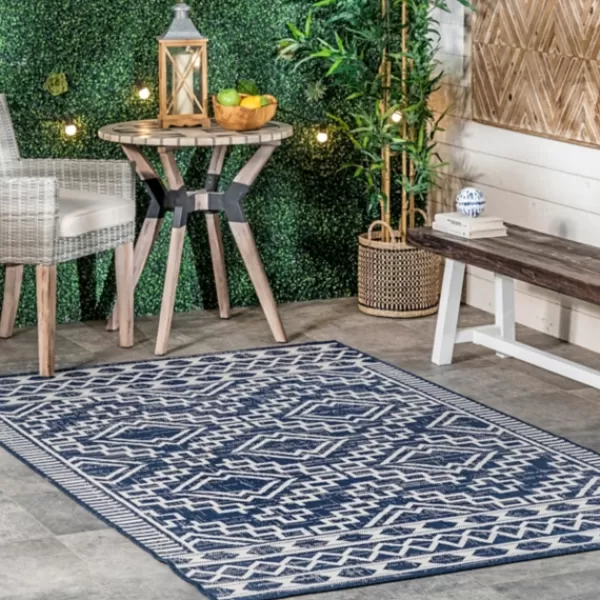 Outdoor Rugs-Kirkland's Home Cammie Blue Moroccan Tribal Outdoor Rug, 5X8 Blue/Gray