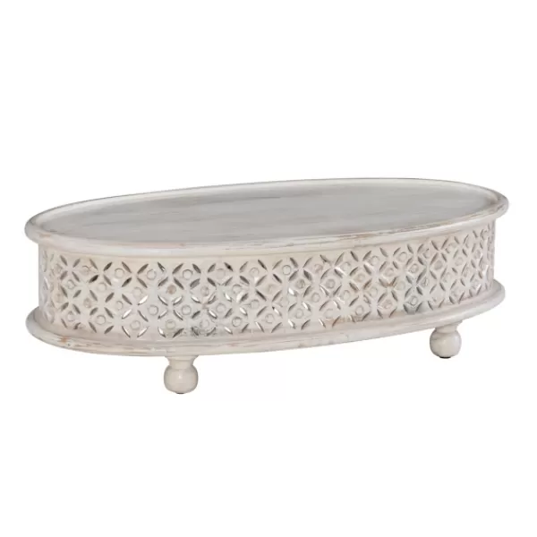 Coffee Tables-Kirkland's Home Carved Lattice Wood Oval Coffee Table White