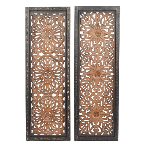 Wall Plaques-Kirkland's Home Carved Mahogany 2-Pc. Floral Motif Plaque Set Brown/Black/Gold