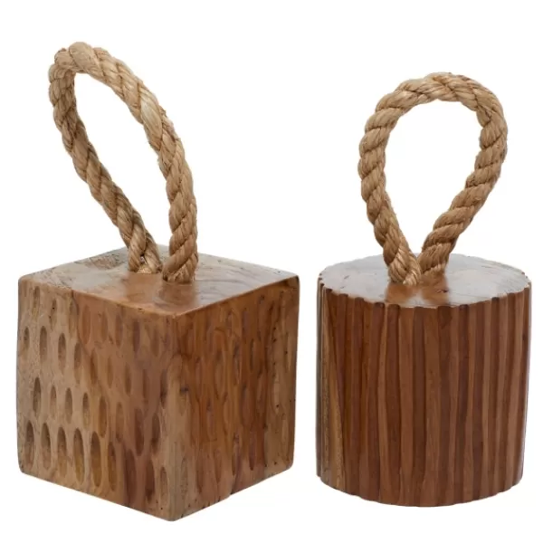 Decorative Accents-Kirkland's Home Carved Teak Wood And Rope Door Stoppers, Set Of 2 Brown