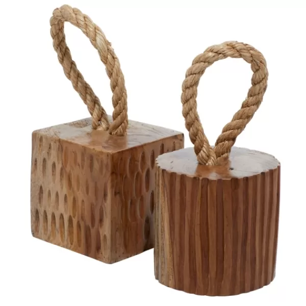 Decorative Accents-Kirkland's Home Carved Teak Wood And Rope Door Stoppers, Set Of 2 Brown
