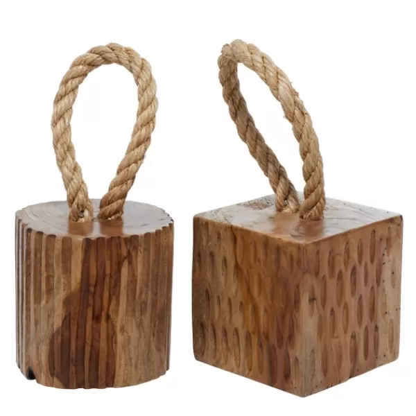 Decorative Accents-Kirkland's Home Carved Teak Wood And Rope Door Stoppers, Set Of 2 Brown