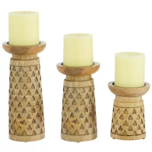 Candle Holders-Kirkland's Home Carved Triangles Wood Candle Holders, Set Of 3 Brown