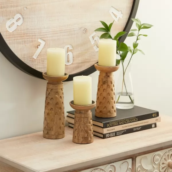 Candle Holders-Kirkland's Home Carved Triangles Wood Candle Holders, Set Of 3 Brown