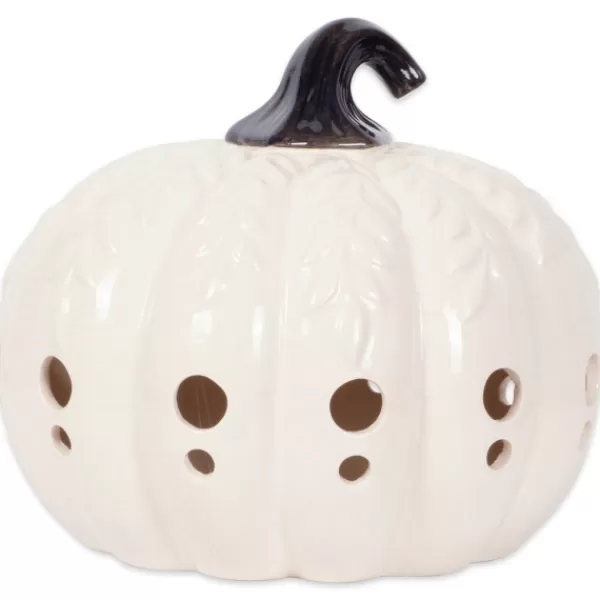 Lanterns-Kirkland's Home Ceramic Leaf Pre-Lit Pumpkin Lantern White