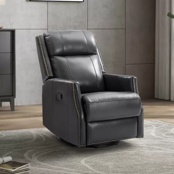 Accent Chairs-Kirkland's Home Charcoal Genuine Leather Swivel Recliner Black