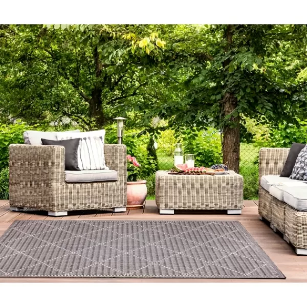 Outdoor Rugs-Kirkland's Home Charcoal Geo Lattice Outdoor Area Rug, 6X9 Gray