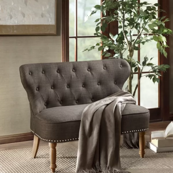 Sofas & Loveseats-Kirkland's Home Charcoal Tufted Upholstered Settee Gray