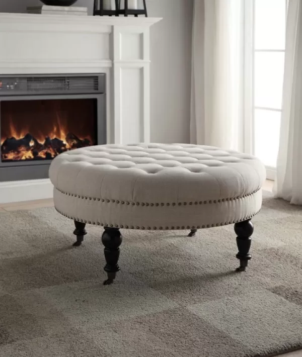 Benches & Ottomans-Kirkland's Home Charlotte Tufted Round Natural Ottoman White