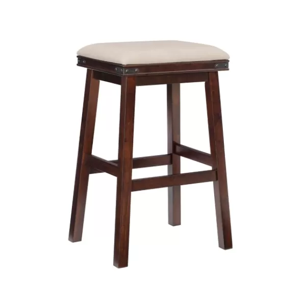 Bar Stools & Counter Height Stools-Kirkland's Home Chestnut Wood Upholstered Leather Bar Stool Tan