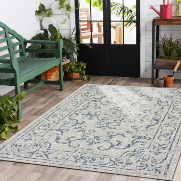 Outdoor Rugs-Kirkland's Home Classicism Sun Shower Outdoor Area Rug, 5X8 Blue/Ivory