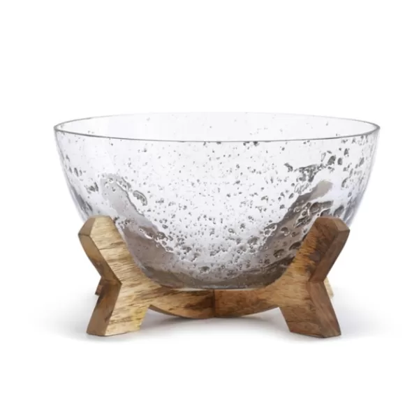 Decorative Bowls & Jars-Kirkland's Home Clear Bubbled Glass Bowl On Wood Stand Clear/Brown