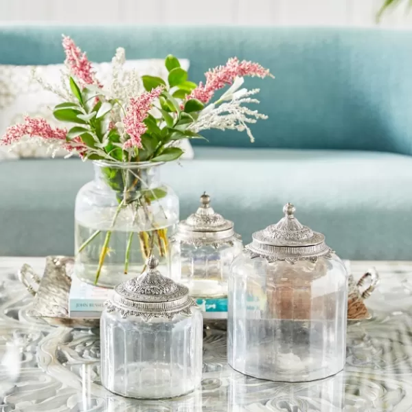 Decorative Bowls & Jars-Kirkland's Home Clear Glass Jars With Decorative Lids, Set Of 3 Clear/Silver