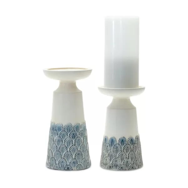 Candle Holders-Kirkland's Home Coastal Scalloped Candle Holders, Set Of 2 White/Blue