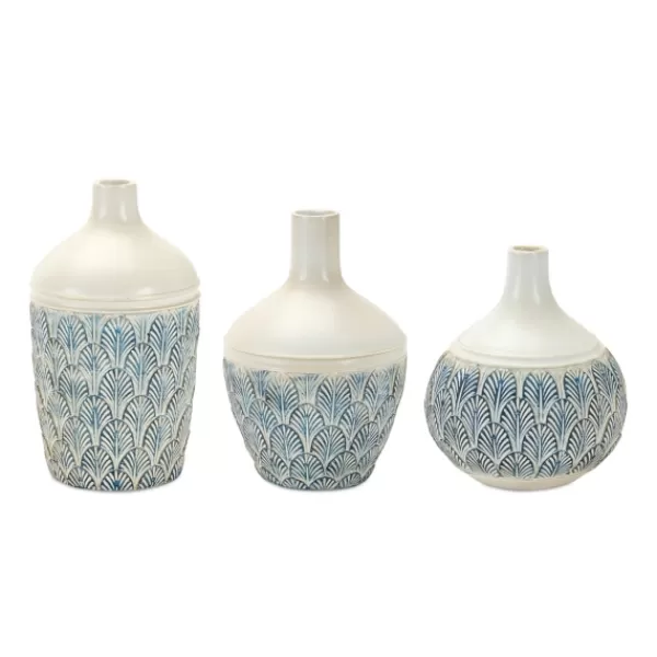 Vases-Kirkland's Home Coastal Scalloped Vases, Set Of 3 White/Blue