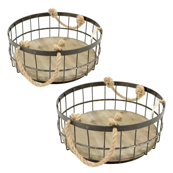 Baskets & Boxes-Kirkland's Home Coastal Wire And Wood Baskets, Set Of 2 Tan/Black