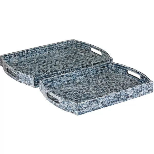 Decorative Trays-Kirkland's Home Coastal Wood And Oyster Shell Trays, Set Of 2 Blue