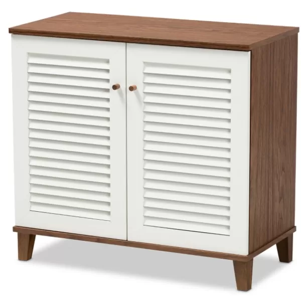 Entryway Furniture-Kirkland's Home Collier Two-Tone Slatted Shoe Storage Cabinet