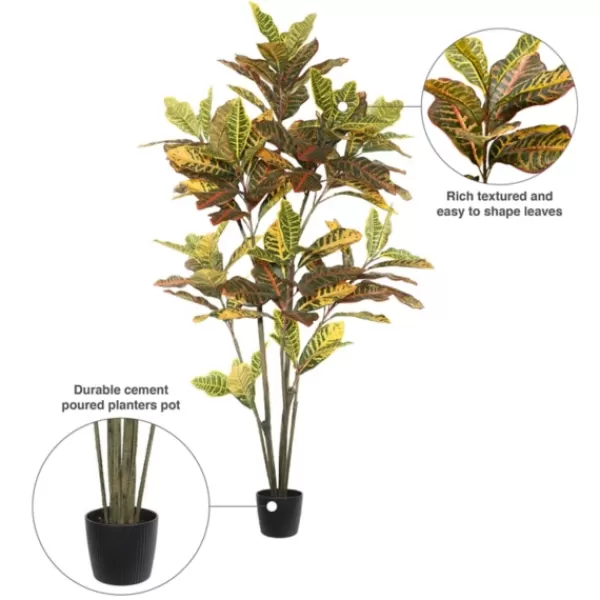 Trees & Topiaries-Kirkland's Home Colorful Croton Tree In Black Planter, 5 Ft.