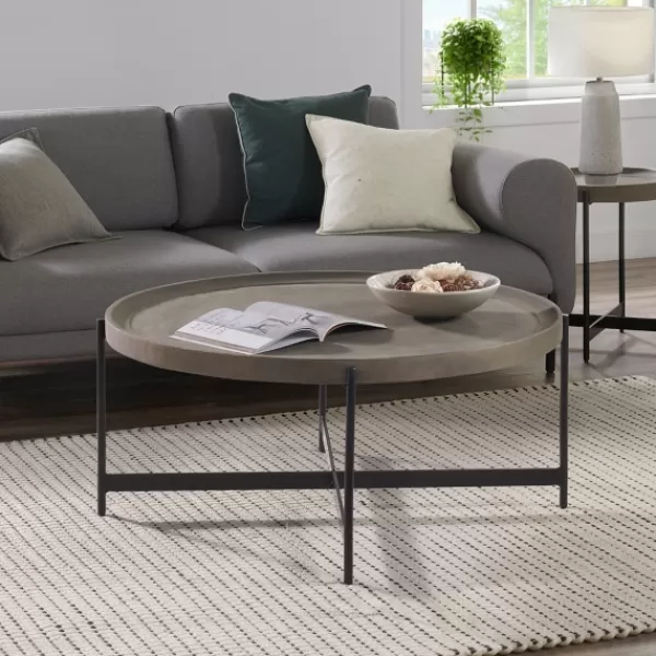 Coffee Tables-Kirkland's Home Concrete Round Tray Top Coffee Table Gray/Black