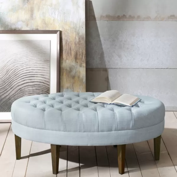 Benches & Ottomans-Kirkland's Home Cory Tufted Dusty Linen Ottoman Blue