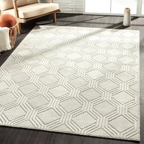 Outdoor Rugs-Kirkland's Home Cream And Blue Geo Indoor/Outdoor Area Rug, 7X9 White/Blue
