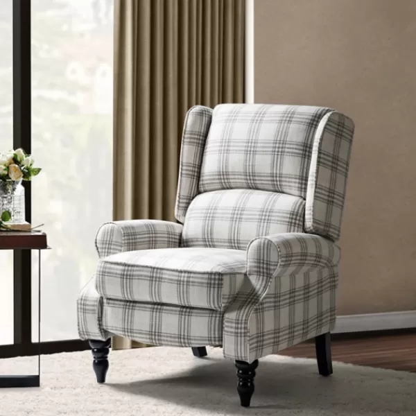 Accent Chairs-Kirkland's Home Cream And Gray Plaid Traditional Recliner Gray/White