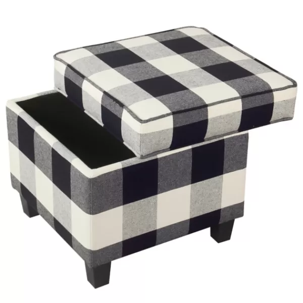 Benches & Ottomans-Kirkland's Home Cream Buffalo Plaid Upholstered Storage Ottoman Black/White