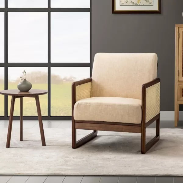 Accent Chairs-Kirkland's Home Cream Mahogany Finish Cane Panel Accent Chair White